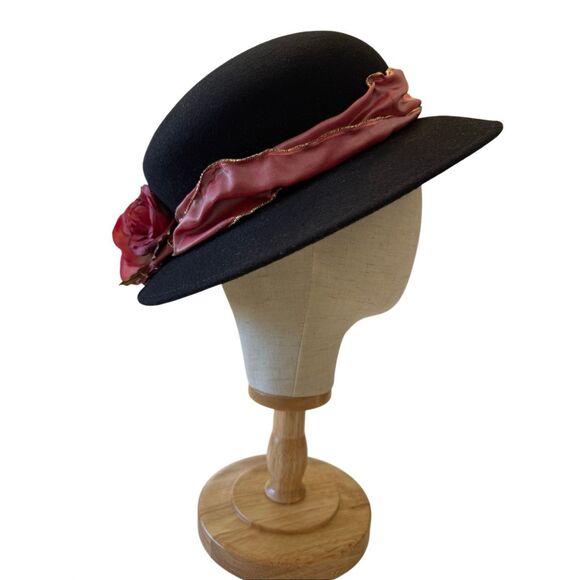 Vintage Hat Black Wool Felt With Rose Pink Ribbon and Flower Detail Romantic main image 6